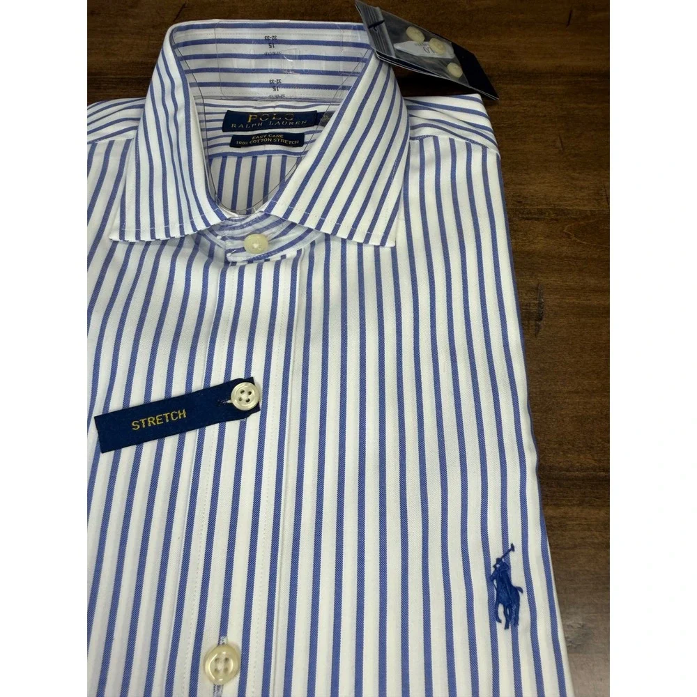 Polo Ralph Lauren Men Dress Shirt 15 32/33 Blue White Stripe Easy Care Stretch